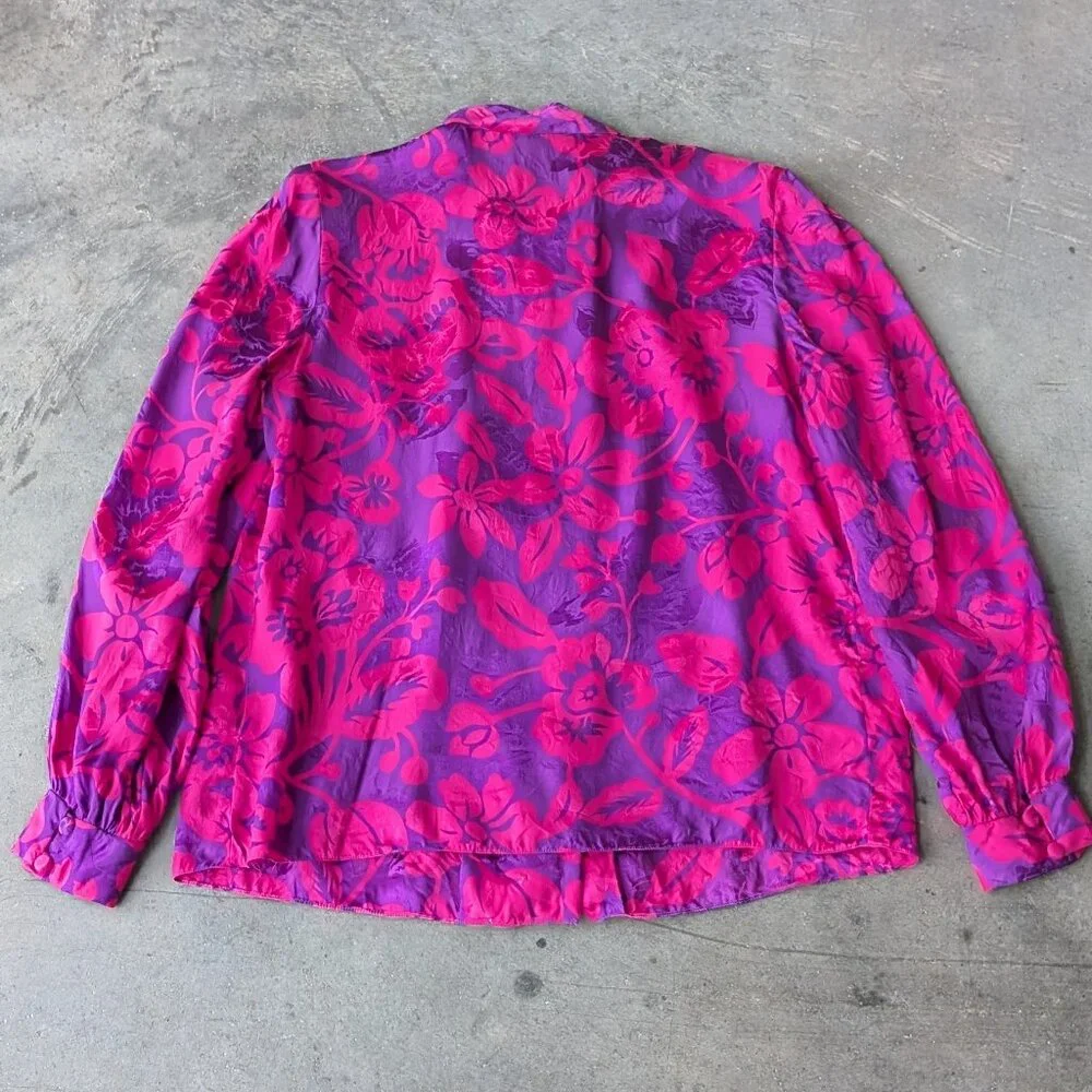 Vintage 80s Silk Raul Blanco Pink Purple Long Sleeve Midi Skirt Matching Set